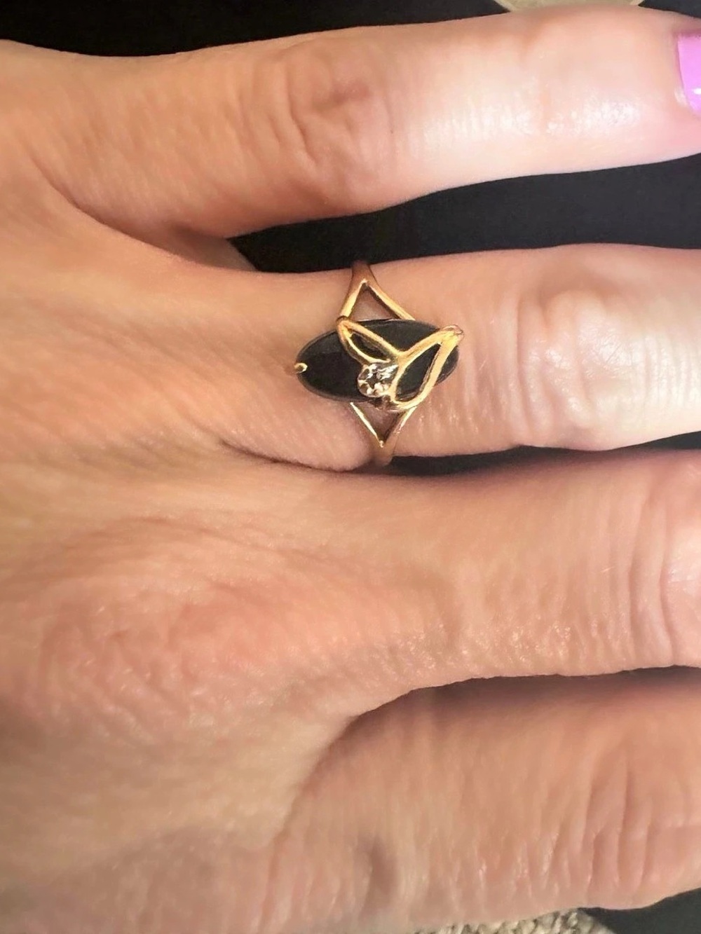 Vintage 10k Yellow Gold Oval Black Onyx Diamond Art Deco